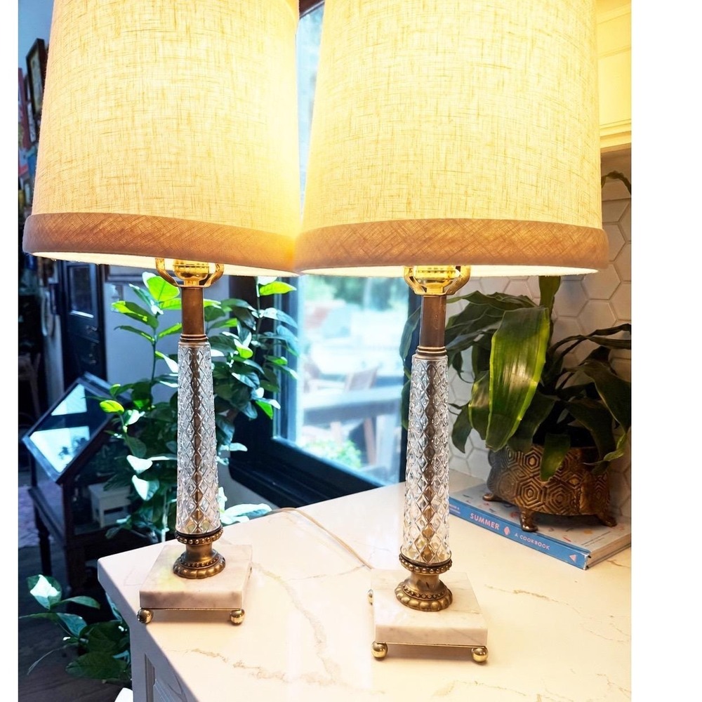 Rare Pair of Vintage Cut Crystal, Brass & Marble Table Lamps | Hollywood Regency